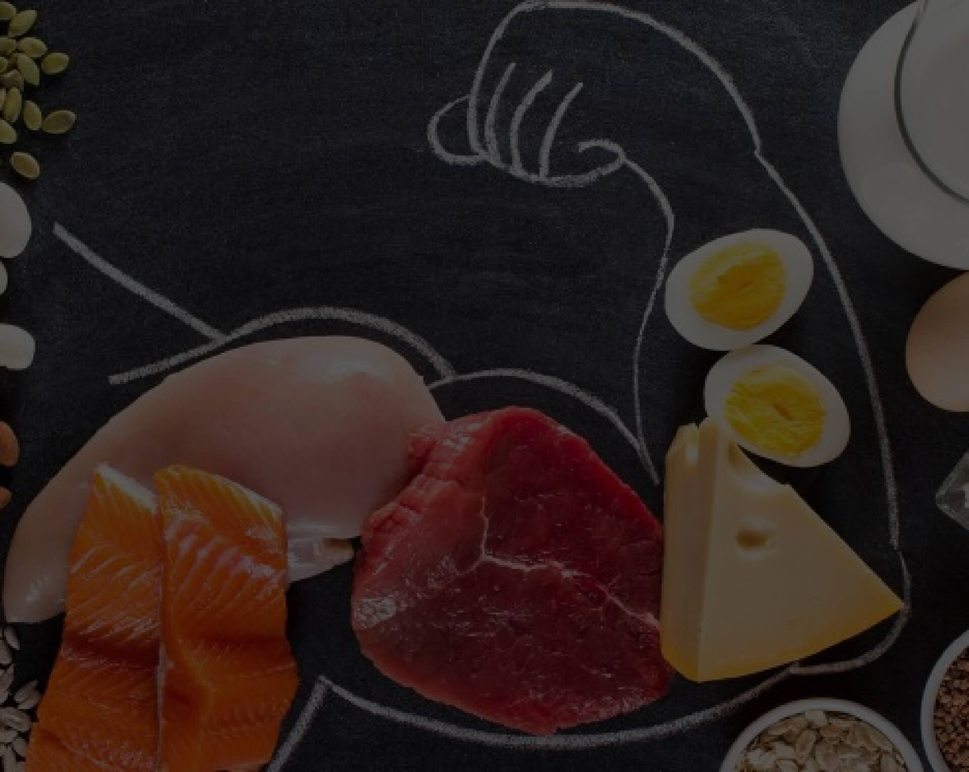 Protein-rich foods arranged around a flexed arm outline, representing nutrition coaching from a qualified nutritionist in Maroubra