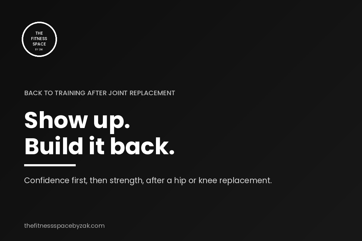 Back to training after joint replacement Graphic reading Show up, build it back, about getting back to training after a hip or knee replacement at The Fitness Space Maroubra