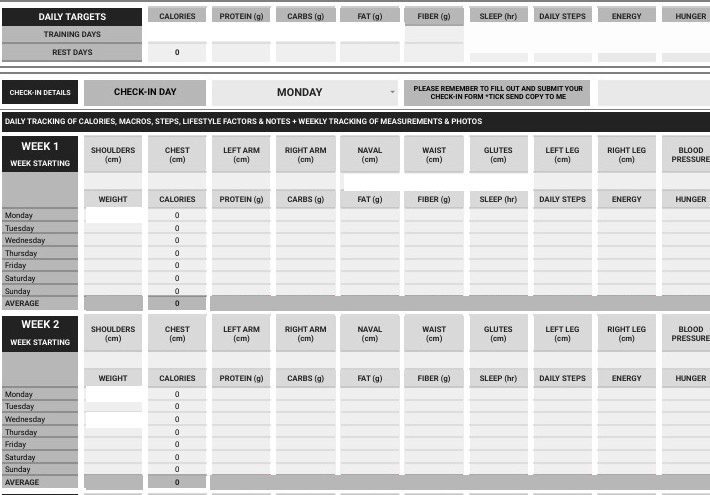 Example macro tracking sheet layout with daily rows and a weekly average row, no client data shown