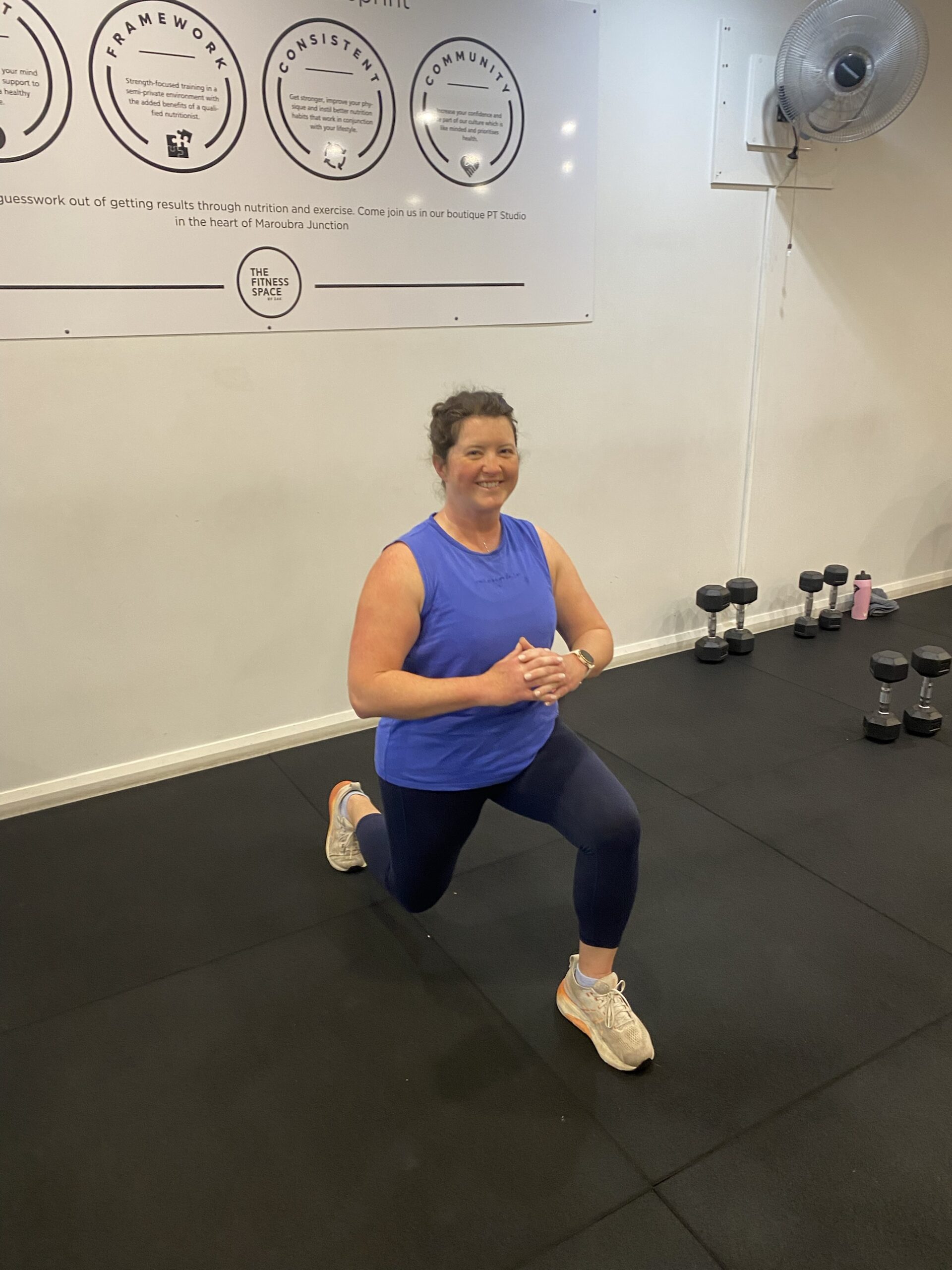 Training with lower back pain: client doing a lunge at The Fitness Space, Maroubra Client doing a lunge at The Fitness Space studio in Maroubra