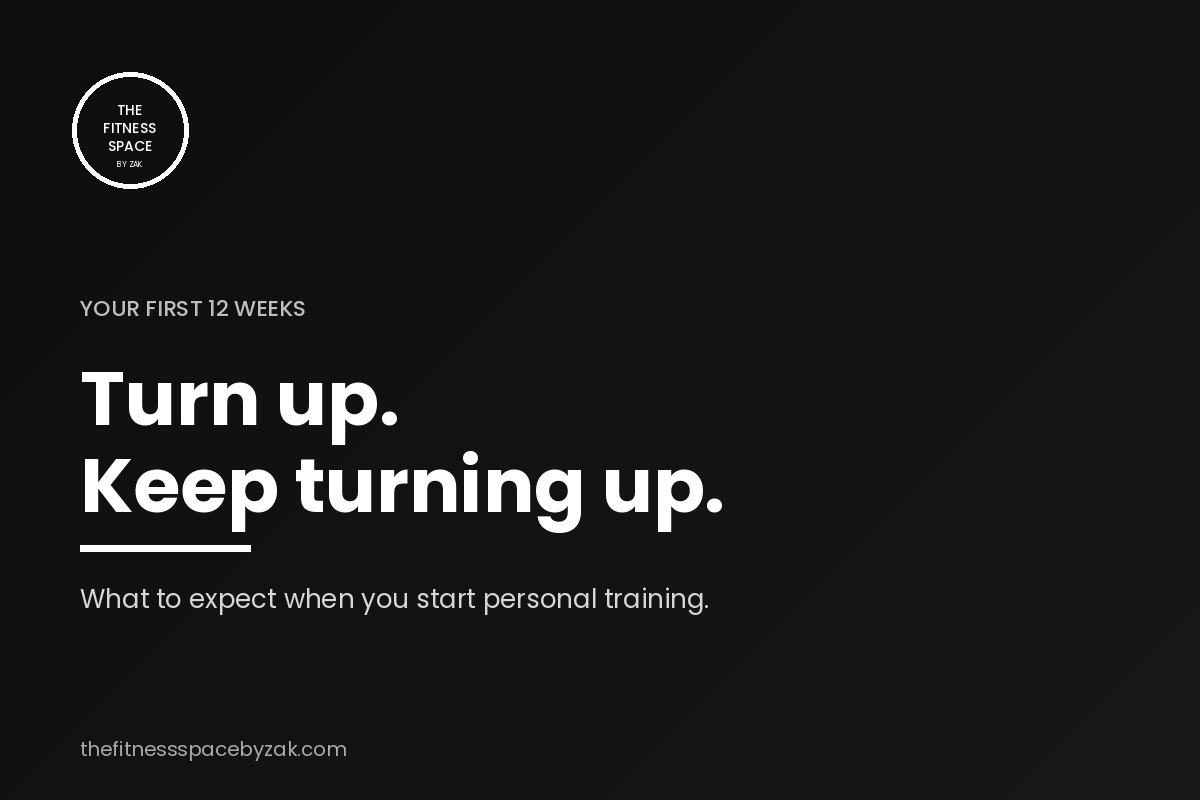 First 12 weeks of personal training Graphic reading Turn up, keep turning up, about what to expect in your first 12 weeks of personal training at The Fitness Space Maroubra